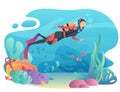 Professional Scuba Diver man dives in the ocean. Underwater swiming. Summer vacation concept of sport active holidays. Royalty Free Stock Photo