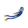 Professional scuba diver swimming underwater. Cartoon man character in special diving costume, mask, flippers and