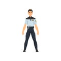 Professional Security Police Officer, Policeman in Blue Uniform Vector Illustration