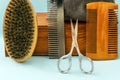 Professional Set of different hairdresser tool kit, hairdressing brushes or combs, scissors, comb collection, hair tools Royalty Free Stock Photo