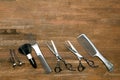 Professional Set of different hairdressing brushes or combs, scissors,collection,hair tools in row, beauty, fashion Royalty Free Stock Photo