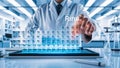 a professional setting where a scientist in a lab coat is interacting with a holographic periodic table 2