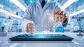 a professional setting where a scientist in a lab coat is interacting with a holographic periodic table 3