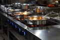 Professional setup Stove in the restaurant kitchen with stainless steel pots Royalty Free Stock Photo