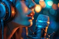 Professional singer podcast streamer interview radio with microphone recording voice singing in bright record studio Royalty Free Stock Photo