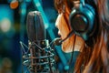 Professional singer podcast streamer interview radio with microphone recording voice singing in bright record studio Royalty Free Stock Photo