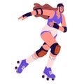 Professional skater in roller skates rushing. Happy girl in safety uniform, helmet rollerblading. Young woman ride on Royalty Free Stock Photo