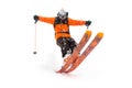 Professional Skier athlete rides out of deep snow while performing a skiing trick in a snowstorm. The winter season is a