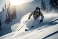 Professional skier athlete skiing at sunset on top of alps ski resort