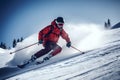 Professional skier athlete skiing at sunset on top of alps ski resort