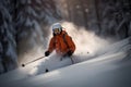 Professional skier athlete skiing at sunset on top of alps ski resort