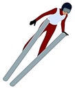 Professional skier jumping from a very large ski jump she is dressed in a red jumpsuit