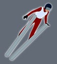 Professional skier jumping from a very large ski jump she is dressed in a red jumpsuit