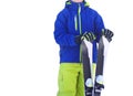 Professional skier sportsman teenager in sportswear standing with skis isolated on white background