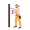 Workman cartoon character repairing door using drill equipment isolated on white background