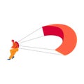 Parachute jumper in yellow pants landing with the red parachute. Vector illustration in a flat cartoon style.