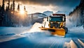 Professional snow removal in winter, a large professional snow blower clears the road of snow and ice,