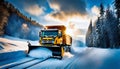 Professional snow removal in winter, a large professional snow blower clears the road of snow and ice,