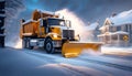 Professional snow removal in winter, a large professional snow blower clears the road of snow and ice,