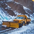 Professional snow removal in winter, a large professional snow blower clears the road of snow and ice,