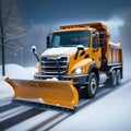 Professional snow removal in winter, a large professional snow blower clears the road of snow and ice,