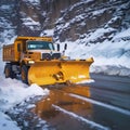 Professional snow removal in winter, a large professional snow blower clears the road of snow and ice,