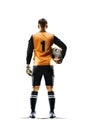 Professional soccer goalkeeper in action on white background