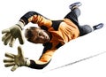 Professional soccer goalkeeper in action on white background