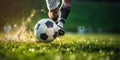 Professional Soccer Player Playing Football on Green Grass Pitch at Stadium. Close Up of Soccer Shoe Hitting Ball Royalty Free Stock Photo