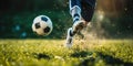 Professional Soccer Player Playing Football on Green Grass Pitch at Stadium. Close Up of Soccer Shoe Hitting Ball Royalty Free Stock Photo