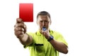 Professional soccer referee giving the red card isolated