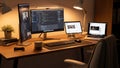 Software developer coding on multi-monitor workstation with video call and coffee in modern home office Royalty Free Stock Photo