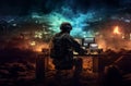 Techno-Warfare Professional Soldier Engaged with Combat Holograms on Computer.Generated image