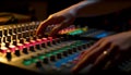 Professional sound engineer adjusting mixer knobs in recording studio generated by AI Royalty Free Stock Photo