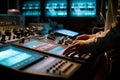Professional sound engineer working on a digital mixing console in a recording studio, Generative AI Royalty Free Stock Photo