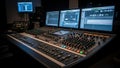 Professional sound mixing console with multiple computer monitors in studio Royalty Free Stock Photo