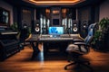 Professional sound recording studio with professional equipment. 3D Rendering, Recording studio with music editing equipment, AI Royalty Free Stock Photo