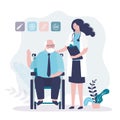 Professional specialist helps elderly man with disability. Medical worker supports grandfather during rehabilitation Royalty Free Stock Photo