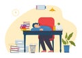 Professional specialist male character sleeping working place, vocational burnout and low energy flat vector