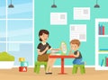 Professional Speech Therapist Teaching Little Boy Letter Pronunciation Sitting at Table with Mirror Vector Illustration Royalty Free Stock Photo