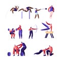 Professional Sport Activities Set. Male and Female Sportsmen Characters Workout. High Jump, Vaulting Horse, Pole Jumping Royalty Free Stock Photo