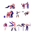 Professional Sport Activities Set. Male and Female Sportsmen Characters Workout. High Jump, Vaulting Horse, Pole Jumping