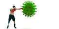 Professional sportsman kicking, punching coronavirus model - fight the desease, flyer