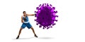 Professional sportsman kicking, punching coronavirus model - fight the desease, flyer