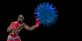 Professional sportsman kicking, punching coronavirus model - fight the desease, flyer