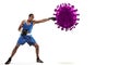 Professional sportsman kicking, punching coronavirus model - fight the desease, flyer