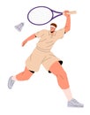 Professional sportsman plays racquet sport. Badminton player in uniform on game court. Athlete running, swings, hits Royalty Free Stock Photo