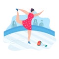 Professional sportsman woman character figure skating, great athletic ice performance flat vector illustration, isolated