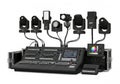 Professional stage lighting control console with multiple moving head lights isolated on white background Royalty Free Stock Photo