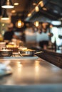 Professional stainless steel kitchen with simmering pots and pans on a reflective surface. Warm lighting and blurry Royalty Free Stock Photo